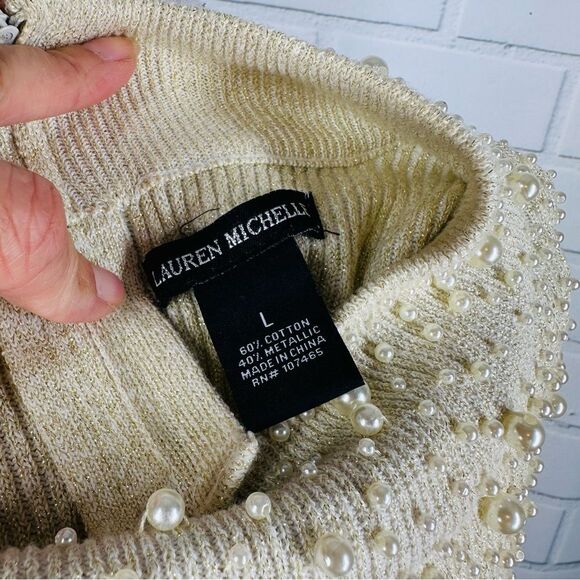 10/$25🦋 Vintage Lauren Michelle Cream Pearl Mock Turtleneck Tank - Size Large - Picture 9 of 11